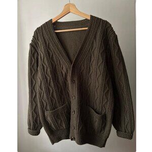 1990s Handknit Cable knit Wool Cardigan | Vintage Chunky Olive Green